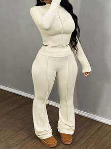 Slaydiva 2pcs Plus Size Women Casual Basic Sport Everyday Solid Color Long Sleeve Cropped Top And Long Flared Pants Set - Apricot - View 1