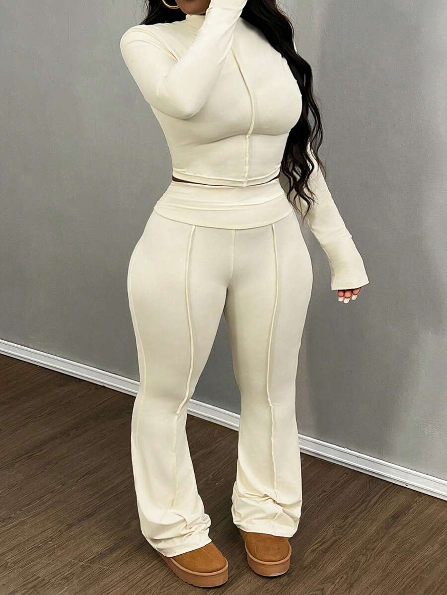 Slaydiva 2pcs Plus Size Women Casual Basic Sport Everyday Solid Color Long Sleeve Cropped Top And Long Flared Pants Set - Apricot - View 1