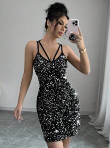 Chiquease Sukienka bez rękawów z cekinami, patchworkiem, wycięciem i ramiączkami spaghetti