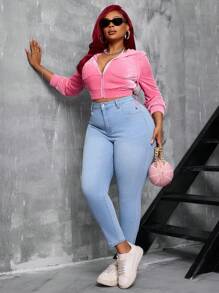 SHEIN SXY Plus Size Stretchy Jeans With Pink Line Graphic Print, Skinny Fit