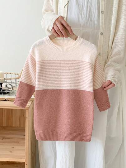 SHEIN LMoss Kids LMoss 女婴可爱粉色条纹长袖毛衣裙，适合休闲和日常穿着，适合春秋冬季
