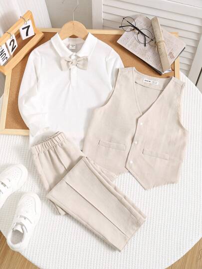 SHEIN LMoss Kids 3 Pcs Young Boys Gentleman's Refined And Elegant Urban White Long-Sleeved Shirt T-Shirt And Vest Vest, Trousers Suit, Suitable For Weddings, Suitable For Parties, Suitable For Travel, Suitable For Daily Gatherings, Suitable For Autumn And Winter Seasons