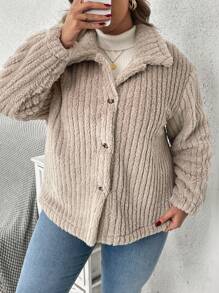 SHEIN VCAY Plus Size Plain Color Front Button Long Sleeve Casual Reversible Fleece Jacket - Apricot - View 5