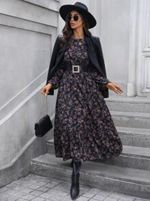 SHEIN LUNE Sukienka w kształcie litery A z falbaną w serek, rękaw dzwonkowy, wielowarstwowy dół z kwiatowym wzorem w stylu vintage, elegancka na co dzień i do pracy, jesień/zima