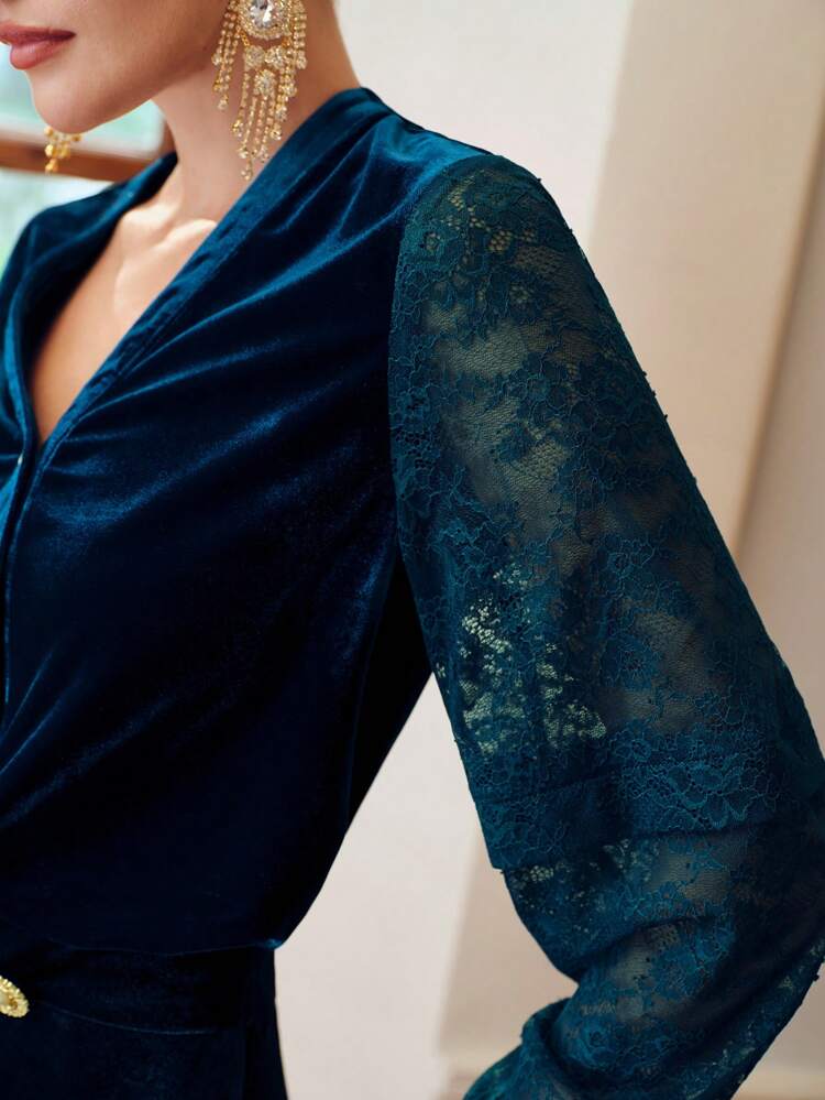 ZEYLAH VELVET V-NECK LACE SLEEVE BLOUSE