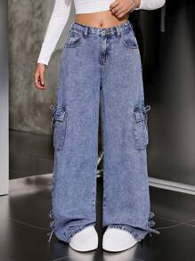SHEIN 少女 Y2K 休闲仿旧蓝色撞色蝴蝶结喇叭腿牛仔裤