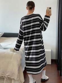 DAZY Striped Soft Plush Fabric Loose Fit Lounge Dress - Dark Grey - View 2