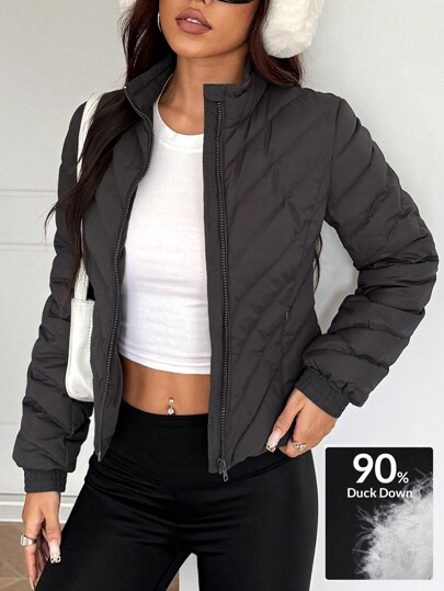 SHEIN EZwear Veste matelassée décontractée à manches longues et fermeture éclair pour femme, couleur unie, pour l'hiver