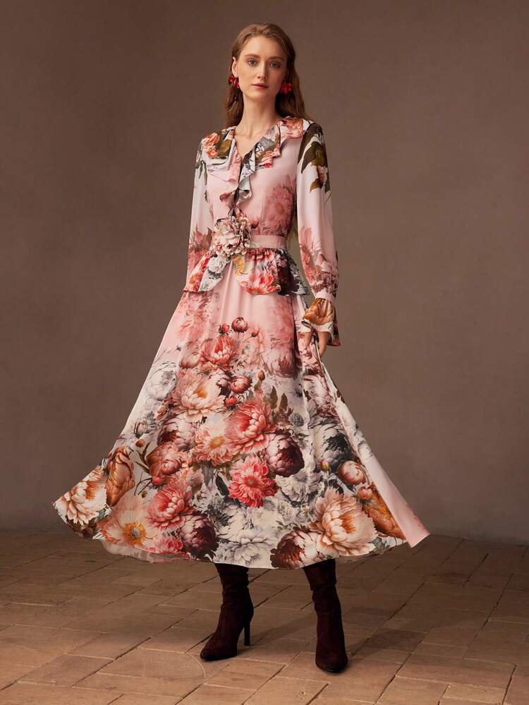 FLORAL PRINT V-NECK RUFFLE TRIM FLARE SLEEVE STEREO FLOWER PEPLUM WAIST LONG DRESS