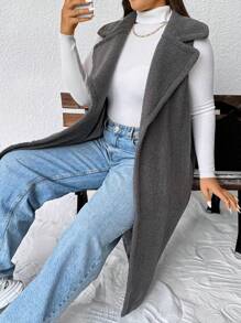 SHEIN Essnce 大码女士羊毛夹克、长款夹克、秋冬大衣、秋装冬季女装、长款女式大衣、冬季女式夹克、秋季女装 - 深灰色 - 查看 1