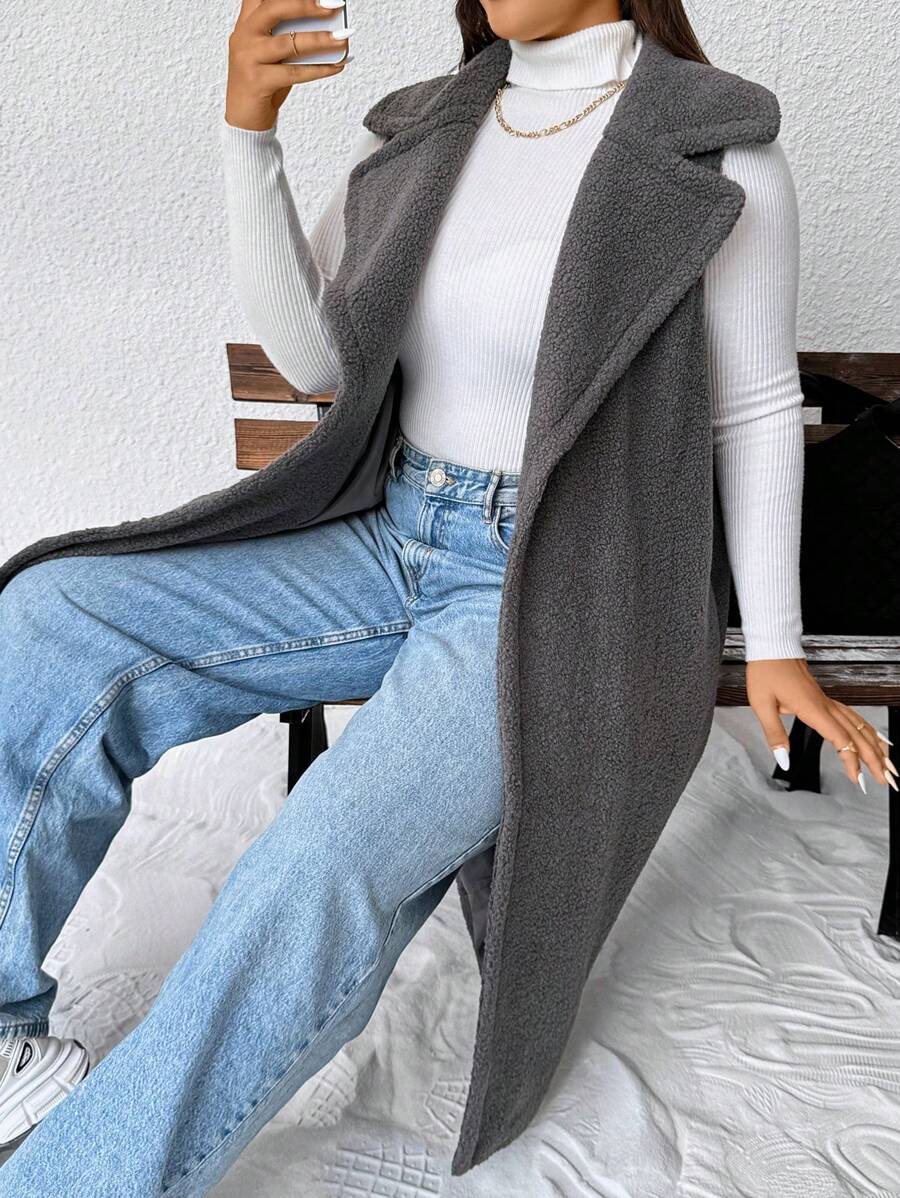 SHEIN Essnce 大码女士羊毛夹克、长款夹克、秋冬大衣、秋装冬季女装、长款女式大衣、冬季女式夹克、秋季女装 - 深灰色 - 查看 1