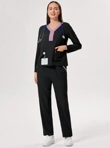 TaskEZ Scrubs Scrub Uniform Set, Contrast Color Patchwork Long Sleeve Top And Pants