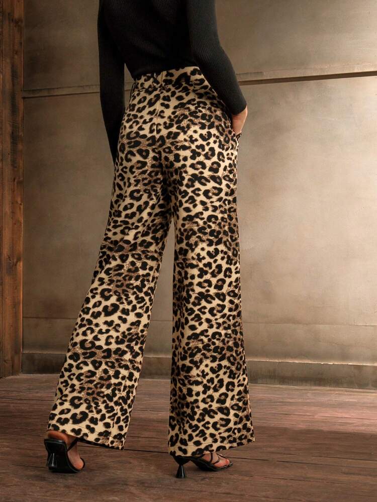 Fashionable High-Waist Pleated Leopard Print Straight-Leg Pants