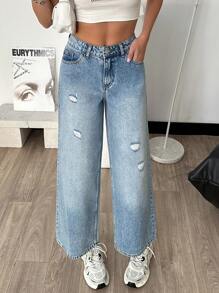 RueChic WOMEN RIPPED WIDE LEG MID WAIST Jean - Medium Wash - View 5