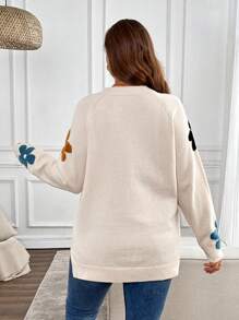 EMERY ROSE Plus Size Floral Jacquard Raglan Sleeve Sweater For Autumn And Winter