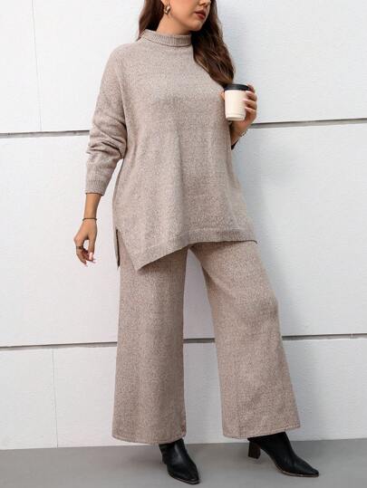 SHEIN Clasi 大码女式纯色立领落肩长袖毛衣和针织裤休闲套装，冬季