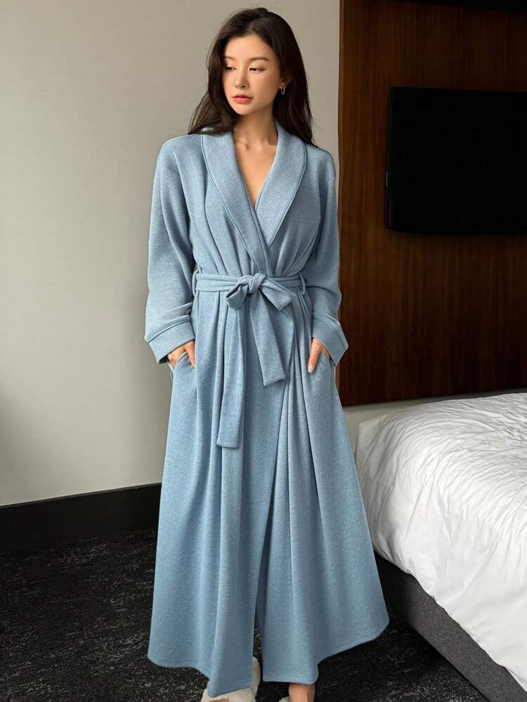 Soft Knit Solid Color Belted Loose Long Sleeve Robe Pajama