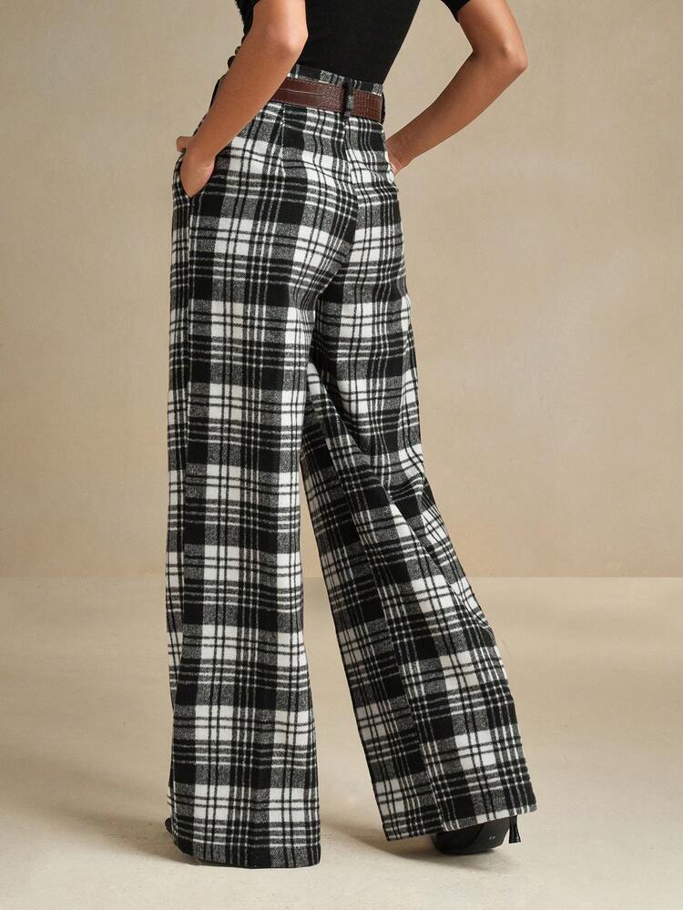 Commuter Vintage Waist Houndstooth Pattern Women Trousers