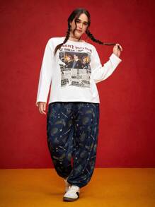 HARRY POTTER X SHEIN 大码休闲宽松时尚口袋四件套连帽运动裤，海军蓝，适合日常穿着 - 藏蓝色 - 查看 5