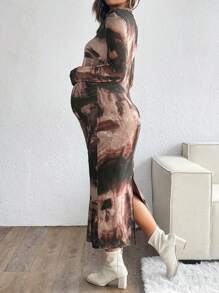 SHEIN 扎染长袖孕妇装，适合户外休闲装，秋季 - 棕色 - 查看 2