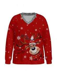 SHEIN LUNE Christmas Element Plus Size Women Casual V-Neck Raglan Sleeve Long Sleeve Hoodie Sweatshirt, Suitable For Autumn & Winter