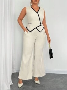 Elenzga Bộ vest không tay cổ chữ V viền màu cỡ lớn viền bất đối xứng và quần vest thanh lịch - Nhiều màu - Xem 5