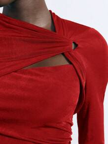 Maija Asymmetric Neck Long Sleeve Ruched Fitted Red Mini Dress For Women, Holiday Celebration Party,Summer Dresses For Women, Country Concert Outfit,European Summer - Red - View 7