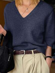 DAZY 女式 V 领休闲商务通勤中性针织毛衣，秋季返校服装 - 藏蓝色 - 查看 4