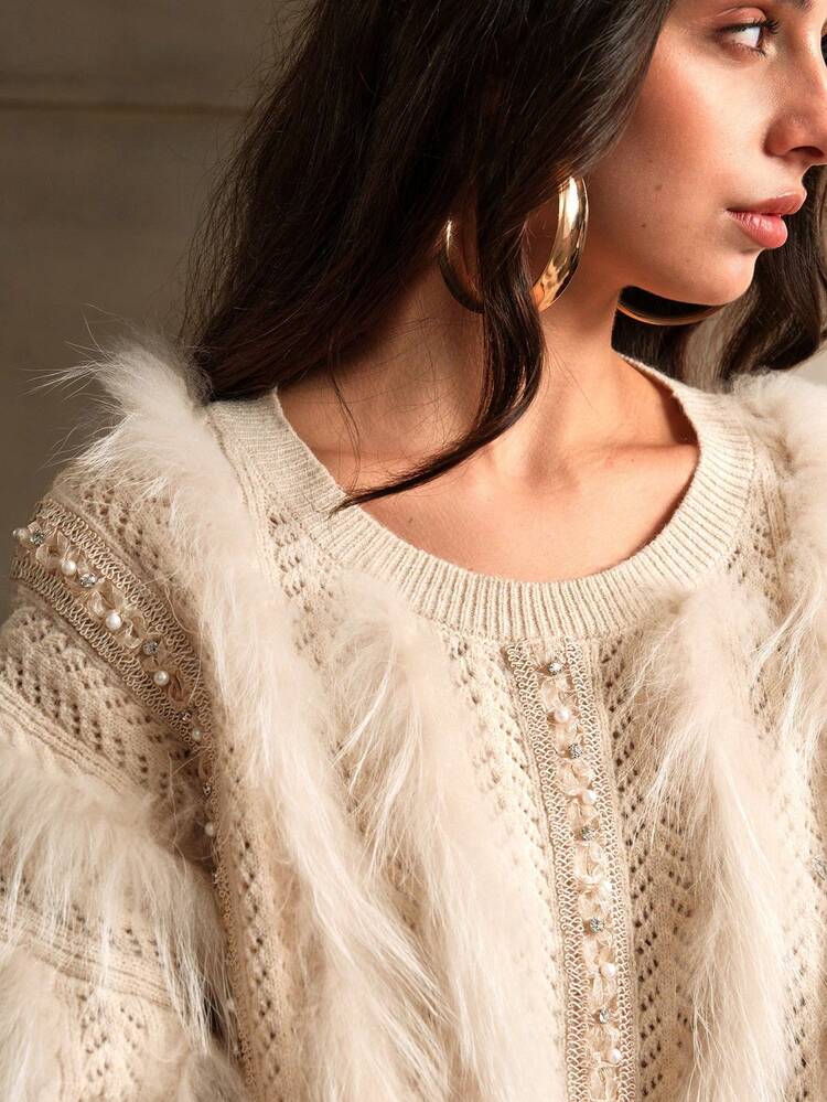 Women's Modern Christmas Fluffy Texture & Rhinestone Decor Pullover Sweater, Autumn/Winter Knit Pullover Fall
