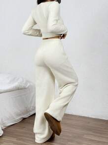 SHEIN Unity 2 件套女士纯色圆领羊毛加厚修身腰部运动服 - 杏色 - 查看 3