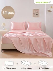 Juego de 3/4 piezas 1 sábana ajustable de satén + 1 sábana plana de satén + 1/2 fundas de almohada de satén, suaves, transpirables y sin arrugas, mejor para dormir, estilo de hotel de lujo, regalo para mamá, papá y amigos, bolsillo profundo de 14 pulgadas/35 cm, lavable a máquina, para camas individuales, dobles, king y queen
