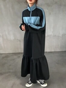 FRIFUL Women Loose Contrast Color Layered Design Dress,Ruffle