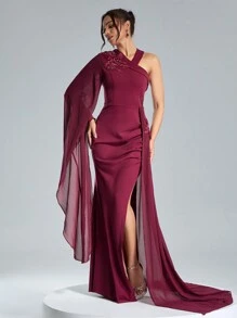 SHEIN Belle Rochie Roșu Bordeaux Formală Rochie Roșie Bodycon Cu Material Contrast Patchwork și Broderie, Rochie De Seară De Bal De Balul De Cercetători, Pentru Invitat Nunta, Absolvire, Cină - Burgundia - Vizualizare 3
