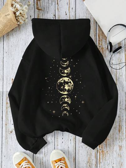 INAWLY Plus Size Casual Moon Print Drawstring Hoodie Sweatshirt, Autumn/Winter Graduation,Back To School Outfits,Graduation,Teacher Outfits For Women,Back To School Pullover Fall Outfit
