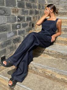 Livesso 女士休闲纯色背心和宽腿宽松牛仔裤 2 件套 - 深色水洗藍 - 查看 3