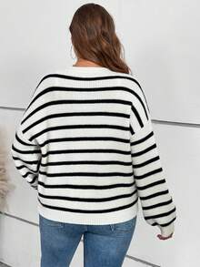 SHEIN VCAY 大码春秋休闲黑白条纹系带开衫 - 黑與白 - 查看 2