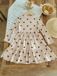 SHEIN 针织心形图案修身年轻女孩休闲连衣裙 - 卡其色 - 查看 4