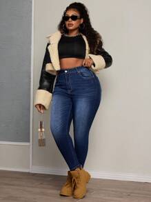 SHEIN SXY Damskie jeansy Plus Size, elastyczne, sprane, obcisłe, z przetarciami