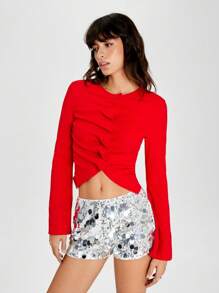 SHEIN EZwear 女式休闲纽扣前褶皱喇叭袖 T 恤，秋季 - 紅色 - 查看 5