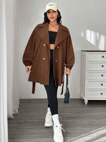 CovetEZ Plus Size Vintage Plus Size Wide Lapel Trench Coat For Early Autumn - Chocolate Brown - View 3