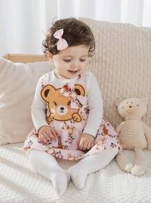 SHEIN Conjunto de 2 piezas de vestido de peto con parche de oso y top de manga larga sólido para niña bebé, primavera otoño - Rosa - Ver 4