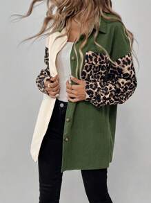 SHEIN LUNE Casual Collared Patchwork Leopard Print & Corduroy Fabric Jacket, Versatile Daily Outerwear - Multicolor - View 1