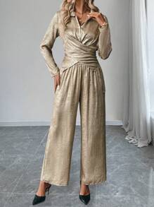 Chiquease Set de 2 piezas que incluye blusa casual y elegante con cuello, manga larga y diseño de cintura cruzada, talla grande pantalones de pierna ancha, para el otoño y fiestas de Año Nuevo