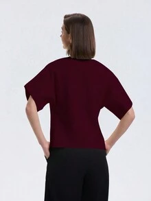 Women's Solid Front Button Casual Drop Shoulder Knit Sweater,Short Sleeve Tops - Burgundy - View 3