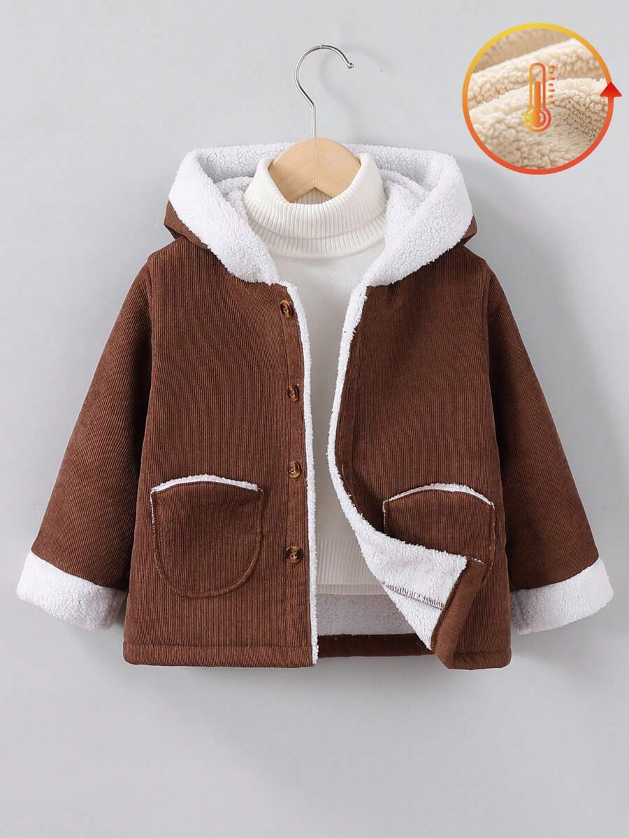Young Boy Contrast Color Fleece Front Zipper Pocket Long Sleeve Winter Jacket - Brown - View 1