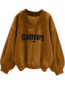INAWLY Plus Size Letter Print V-Neck Casual Versatile Long Sleeve Sweatshirt Graduation,Back To School,Teacher Pullover Fall Winter Autumn