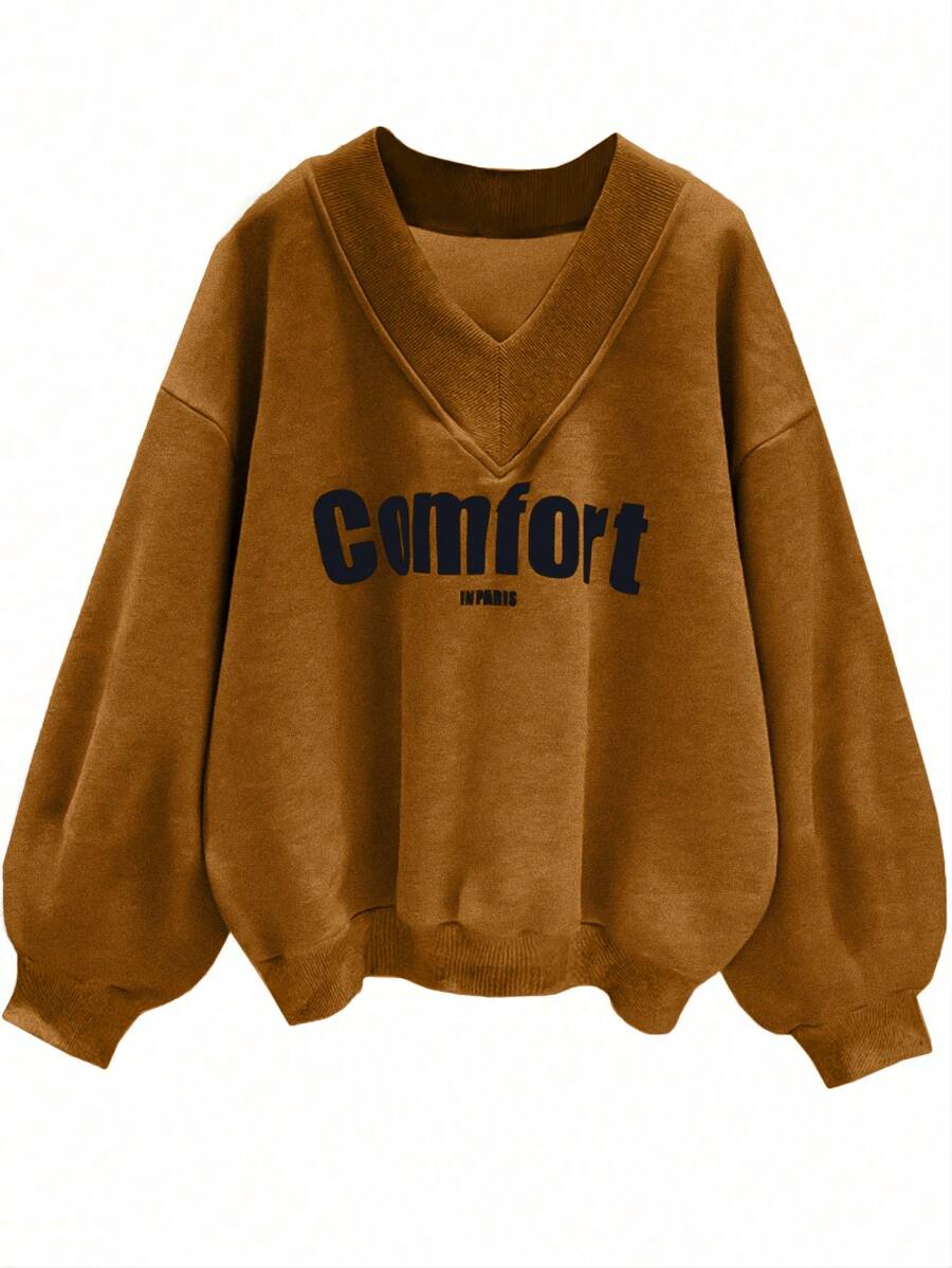 INAWLY Plus Size Letter Print V-Neck Casual Versatile Long Sleeve Sweatshirt Graduation,Back To School,Teacher Pullover Fall Winter Autumn
