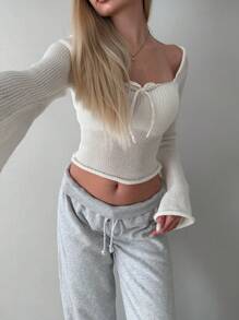 Aloruh 年轻女士方领露背紧身喇叭袖荷叶边下摆粉色毛衣，适合外出