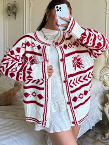 Flirla Christmas Vibe Red Jacquard Knit Plus Size Plus Size Cardigan Sweater Coat, Long Sleeve For Autumn/Winter - Multicolor - View 4