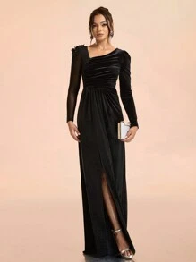 SHEIN Belle Vestido de noche formal y elegante con cuello asimétrico, mangas largas, volantes y dobladillo dividido para mujeres, color negro, ideal para graduación, cena